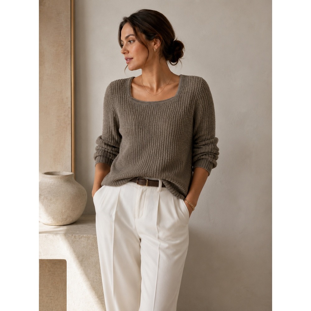 St. John Sport Wool Silk Cashmere Waffle Knit Square Neck Sweater Taupe Brown L